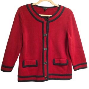 TALBOTS M Red Knit Cardigan Navy Contrast Trim Preppy Classic Parisian Sweater